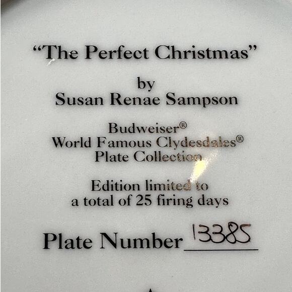 Budweiser Clydesdales Collector Plate 1992 The Perfect Christmas Numbered 13385 - Picture 5 of 5